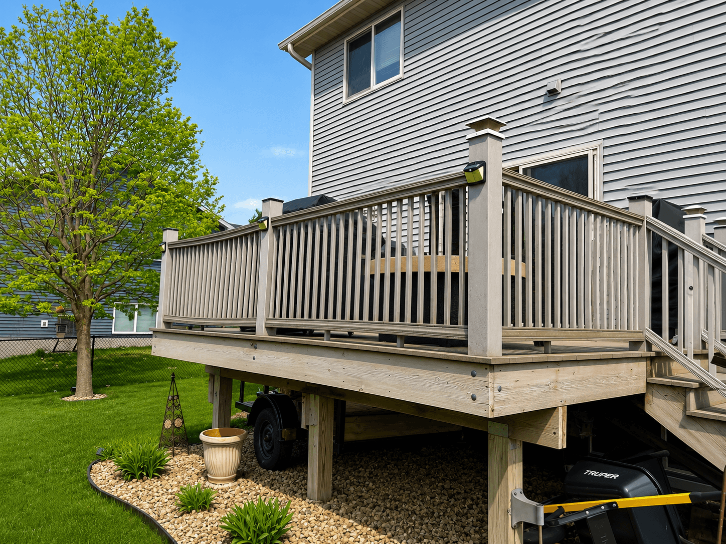 Raised deck with composite railings and landscaped yard