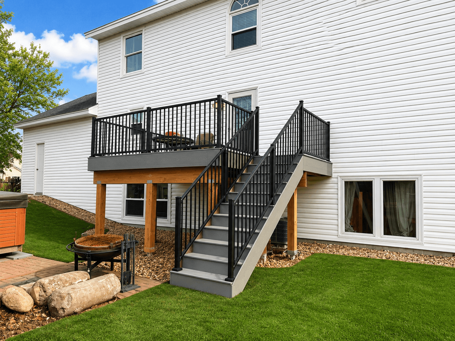 Raised deck with black aluminum railings and stairs