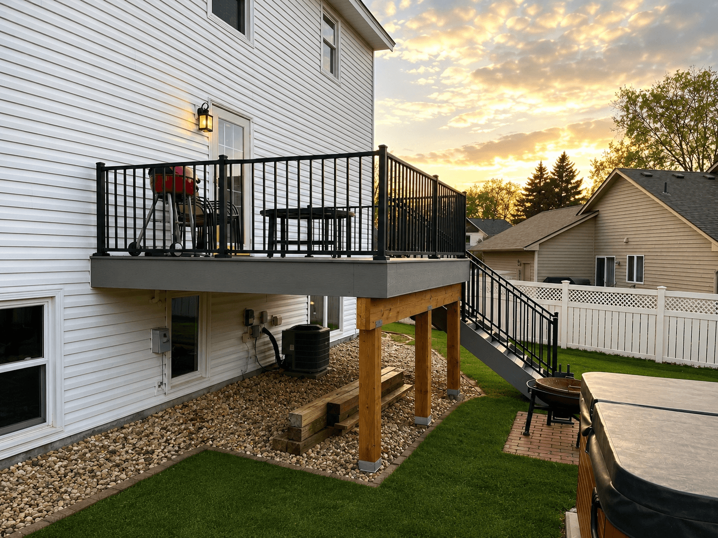 Raised backyard deck with black railings at sunset