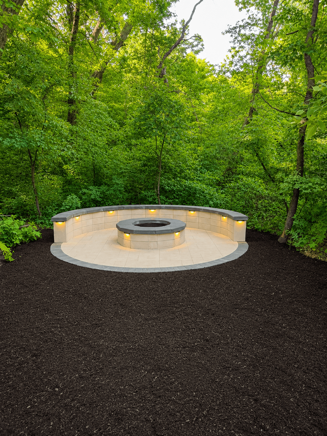 Custom firepit patio with built-in lighting surrounded by trees
